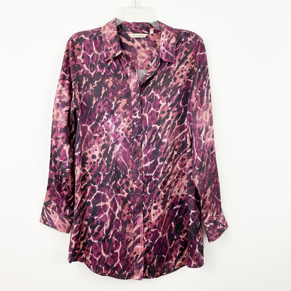 Soft Surroundings Vivi Silk Button Shirt Size M Purple Animal Print Long‎ Sleeve